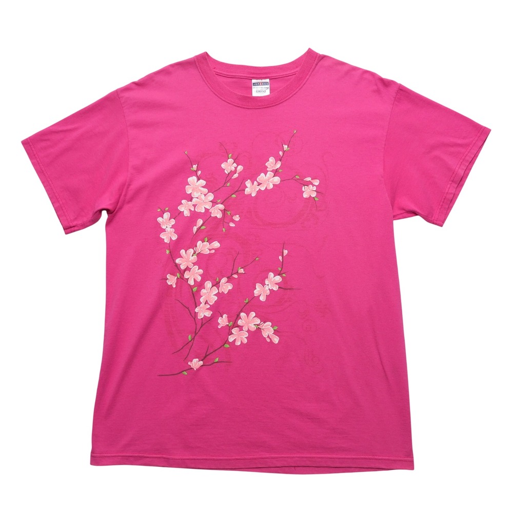 Jerzees Womens Large Pink Sakura Cherry Blossom Graphic Heavyweight Tee